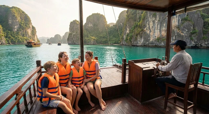 A family enjoying a boat trip in Lan Ha Bay, wearing life jackets, with limestone karsts in the background and clear blue water_haiphongadventurecom_haiphong-tours