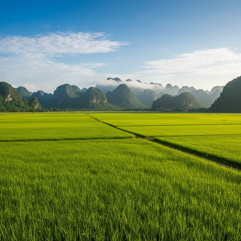 Lush green fields with distinctive limestone mountain ranges in the distance_haiphongadventurecom_haiphong-tours
