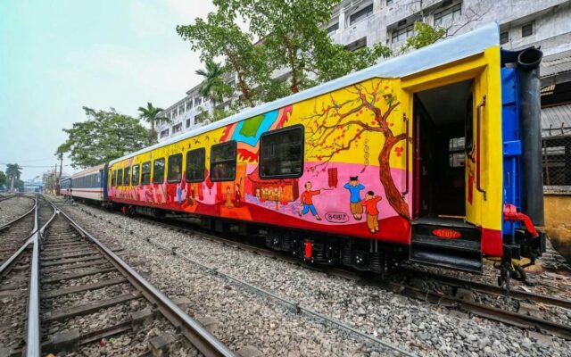 The train car in Haiphong is decorated in Lunar New Year style_haiphongadventurecom_haiphong-tours