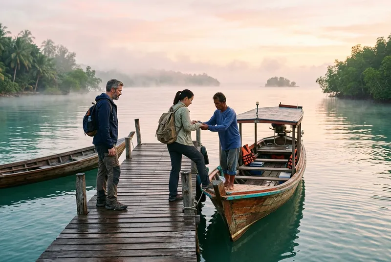 Boarding a small boat at dawn before the crowds