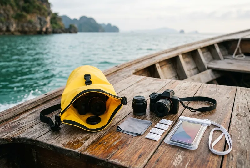 Photography Guide For Your Lan Ha Bay Tour Trip 9 Camera gear packed in a waterproof dry bag on a boat deck