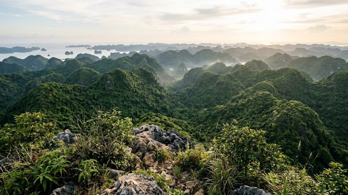 Cat Ba Tour Itinerary For Nature Lovers Guide 8 Cat Ba tour for nature lovers, forested limestone hills seen from Ngu Lam peak in Cat Ba National Park with Lan Ha Bay in the distance