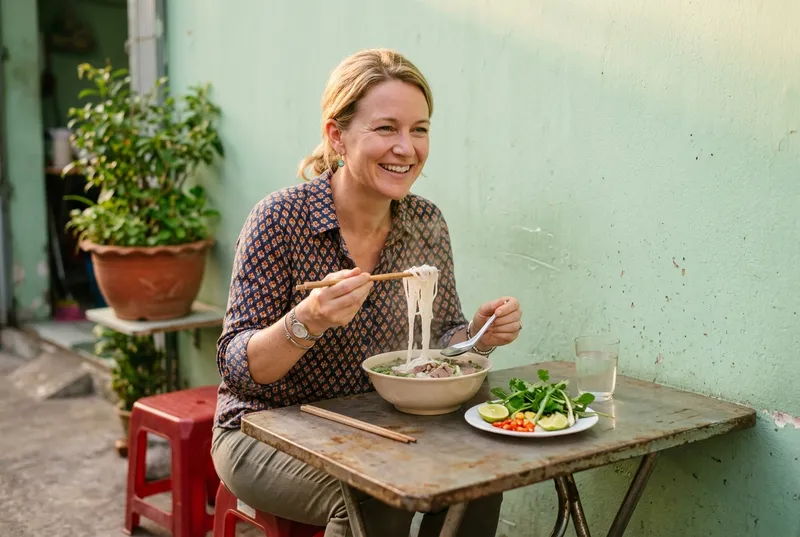 Enjoying noodle soup with lime, chili and herbs at a sidewalk table