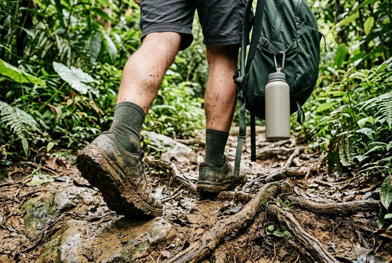 Cat Ba Tour Activities Trekking Hiking Swimming 2 Grippy shoes and water on a muddy tropical forest trail