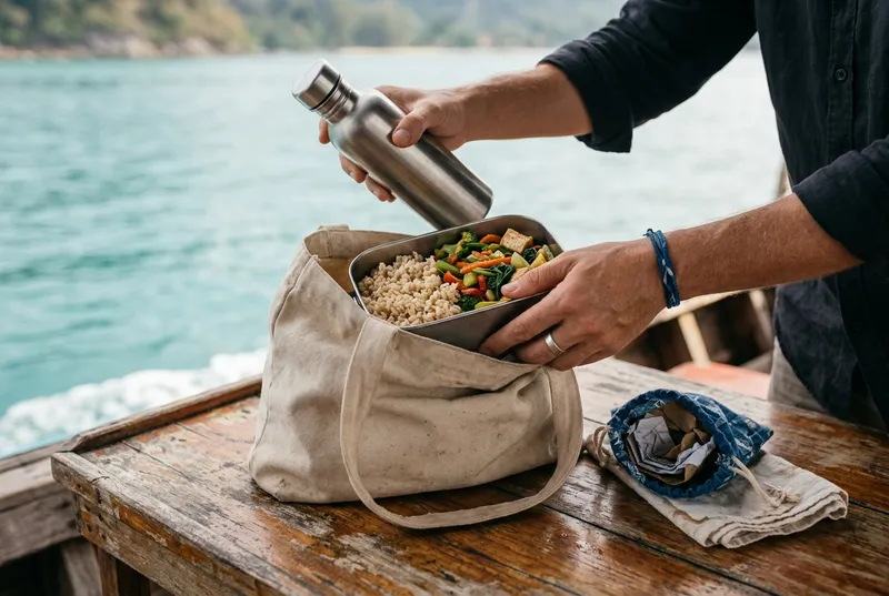 Reusable bottle and lunch box for a low-waste boat trip