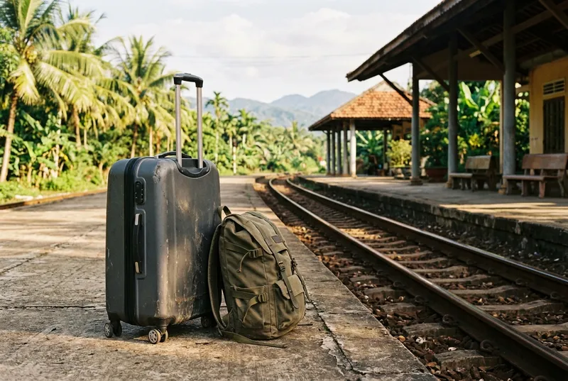 Suitcase and backpack ready for the trip from Hanoi to Haiphong