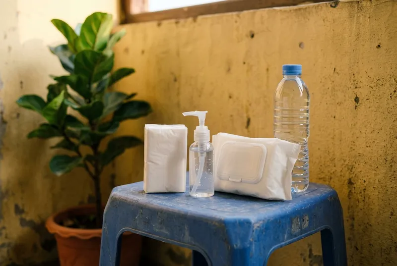 Wet wipes, tissues and hand sanitizer on a plastic stool