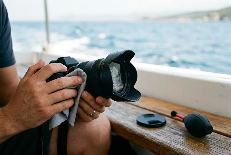 Photography Guide For Your Lan Ha Bay Tour Trip 11 Wiping salt spray off a camera lens with a microfiber cloth